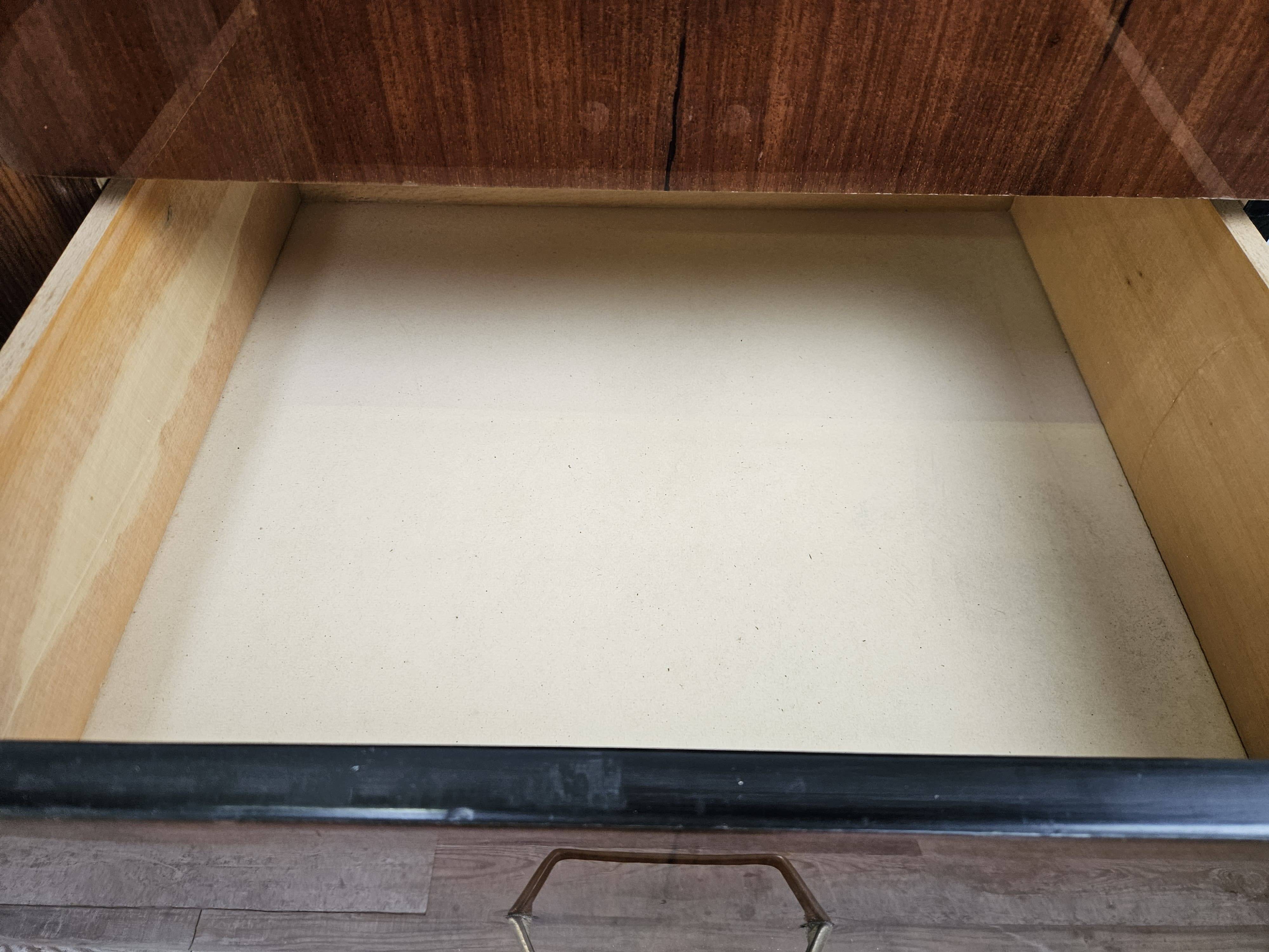 Vintage six-drawer mahogany burl dresser with glass top