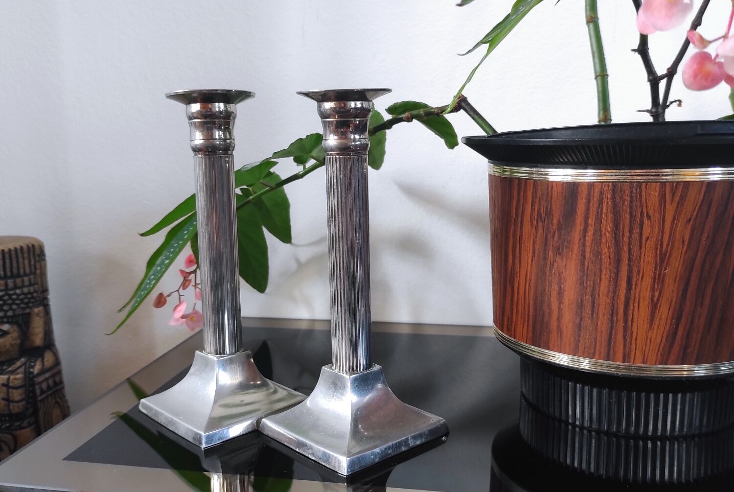 Pair of vintage silver column candlesticks