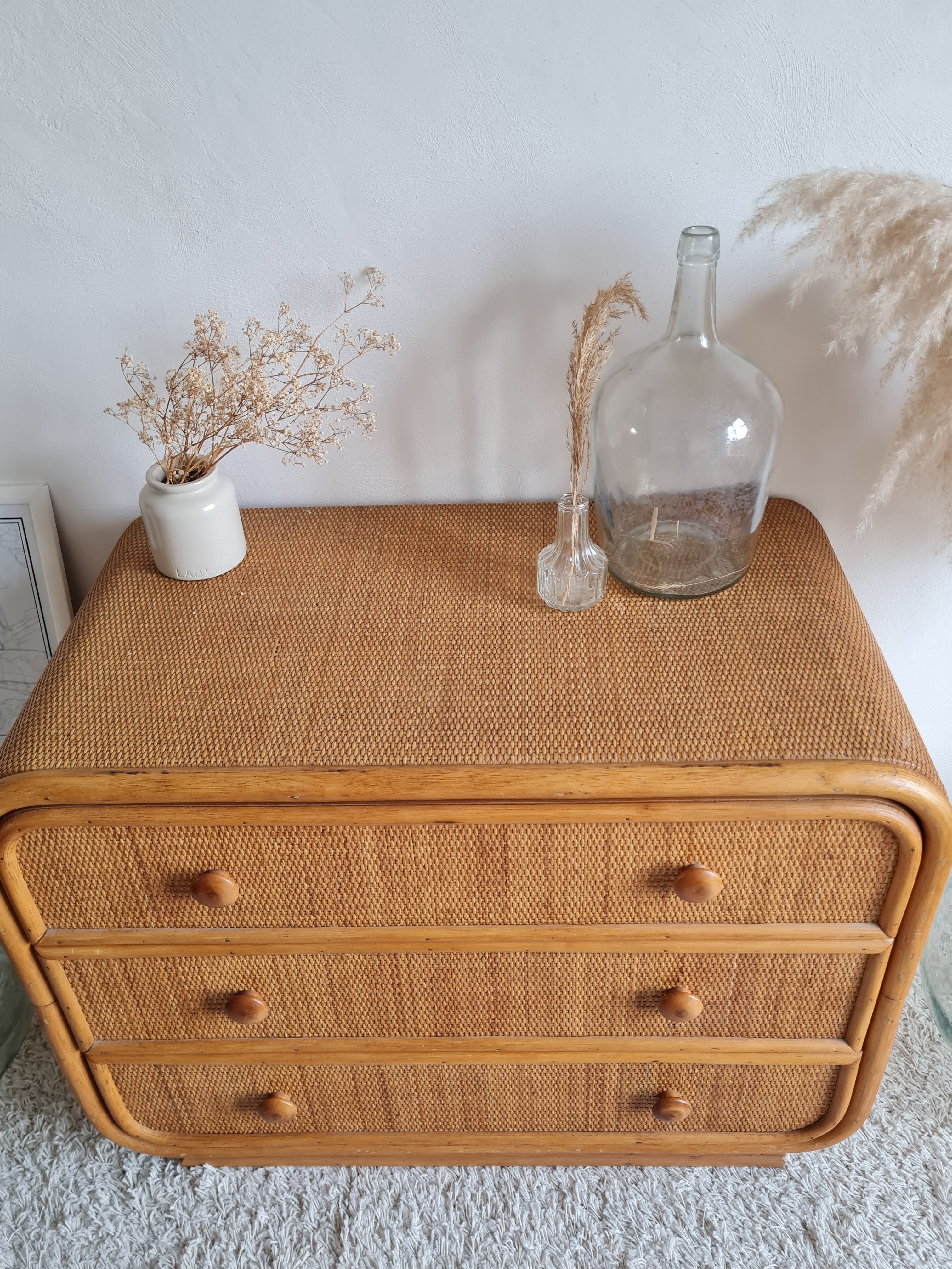 Commode en rotin vintage années 60