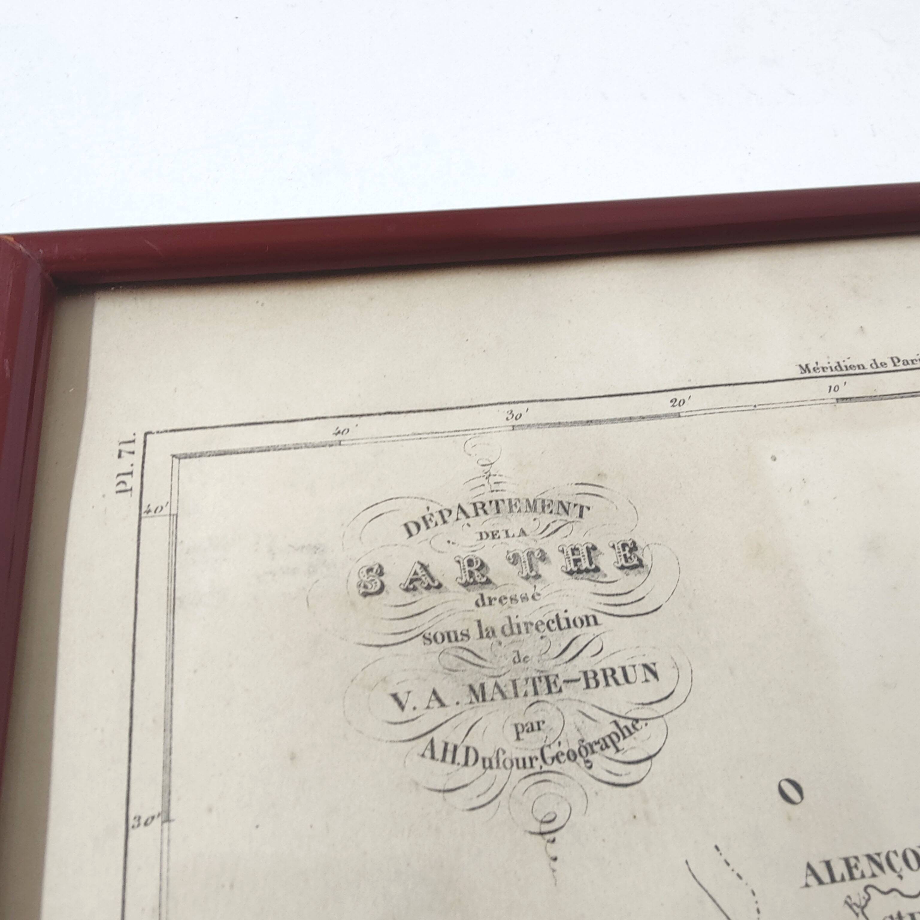 Engraved map of Sarthe wooden frame old plan of Le Mans