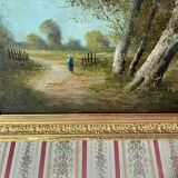 École de Barbizon signée, huile sur toile du 19e siècle représentant un paysage