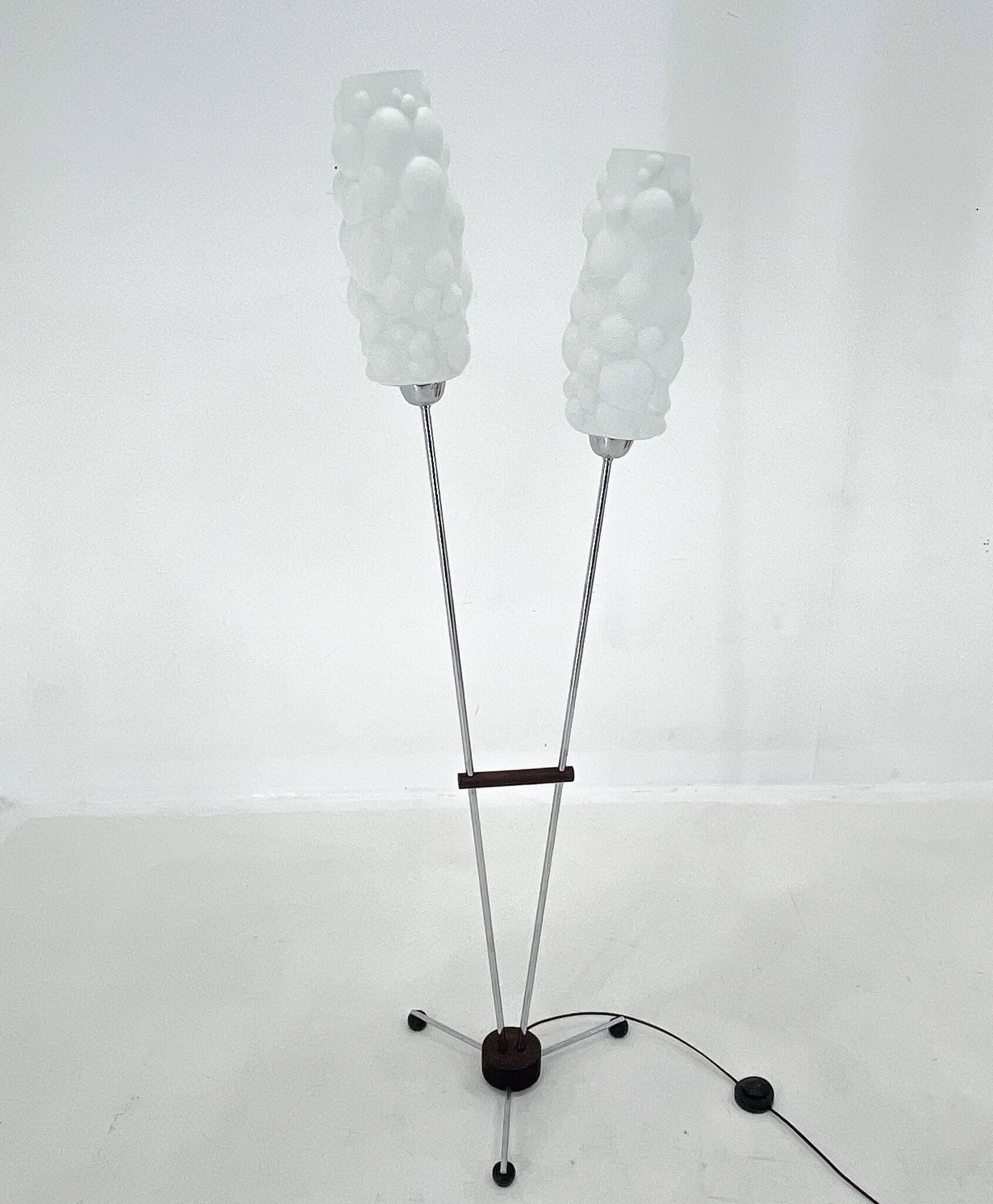 1970s chrome & wood floor lamp, restored , czechoslovakia
