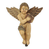 Vintage Solid Wood Angel Cherub Statue Hand Painted 49cm