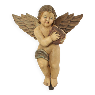 Statue d'ange chérubin vintage en bois massif peinte à la main 49 cm