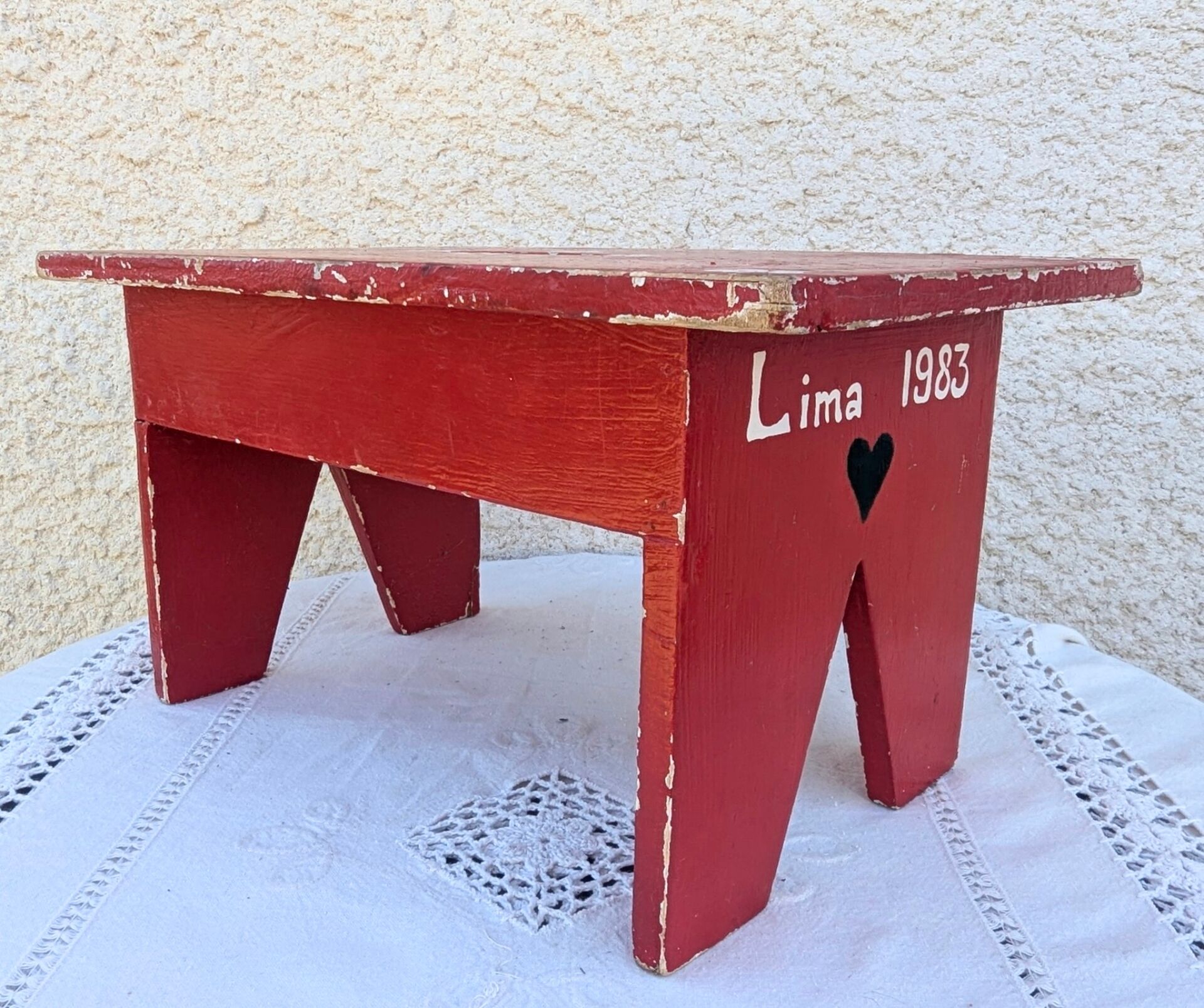 Small Stool Low Patinated Painted Footrest Vintage