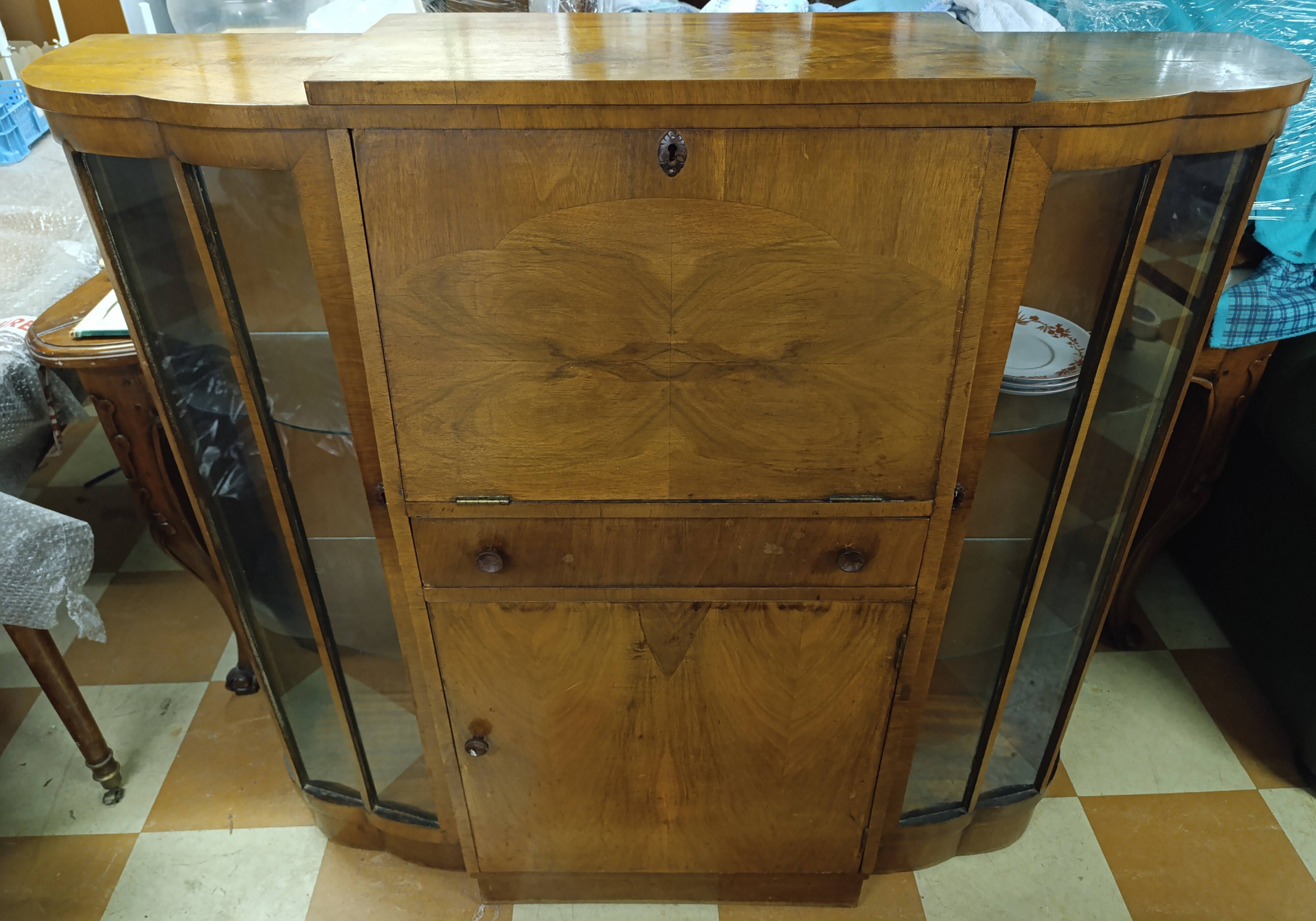 Art Deco style glass-fronted cocktail bar cabinet with folding desk