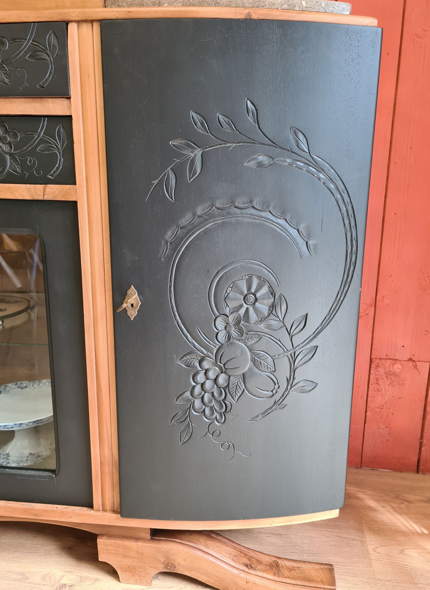 Renovated art deco walnut sideboard with beveled glass door and marble tops