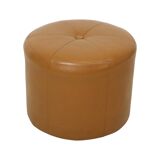 Round Vintage Pouf Camel Brown Skai Faux Leather
