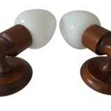 Set of wall lamp wooden support and vintage white opaline globe