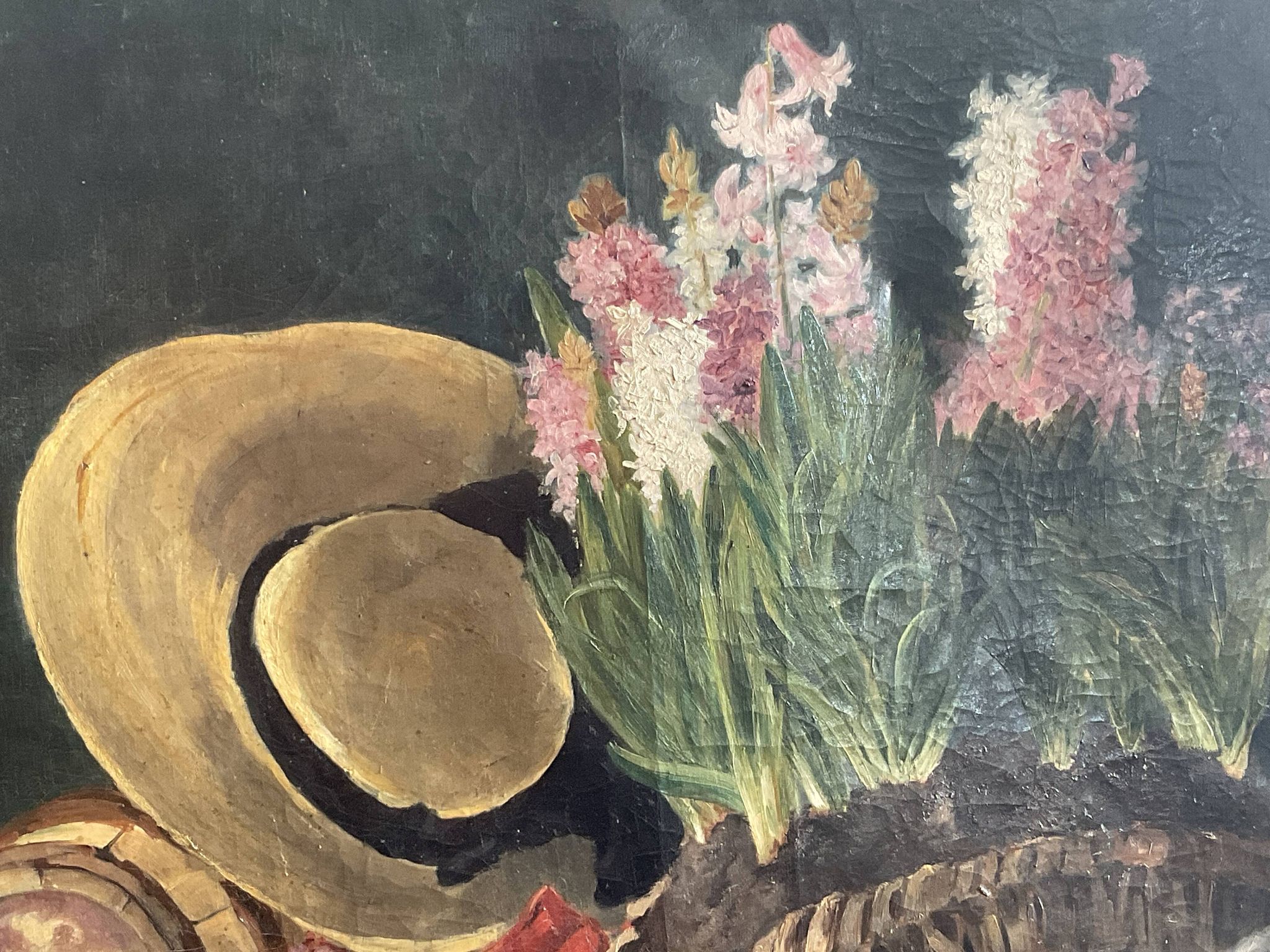 antique still life flowers hat oil on canvas French school