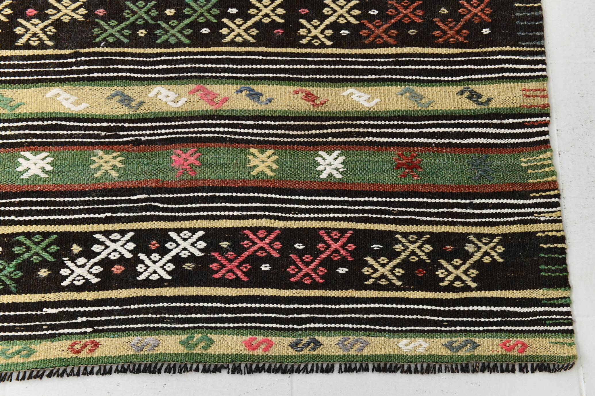 Tapis kilim bohème marron 7x10, motif ethnique, 202x304 cm
