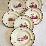 6 anciennes assiettes creuses à soupe Gien paysage rose 1938/1960