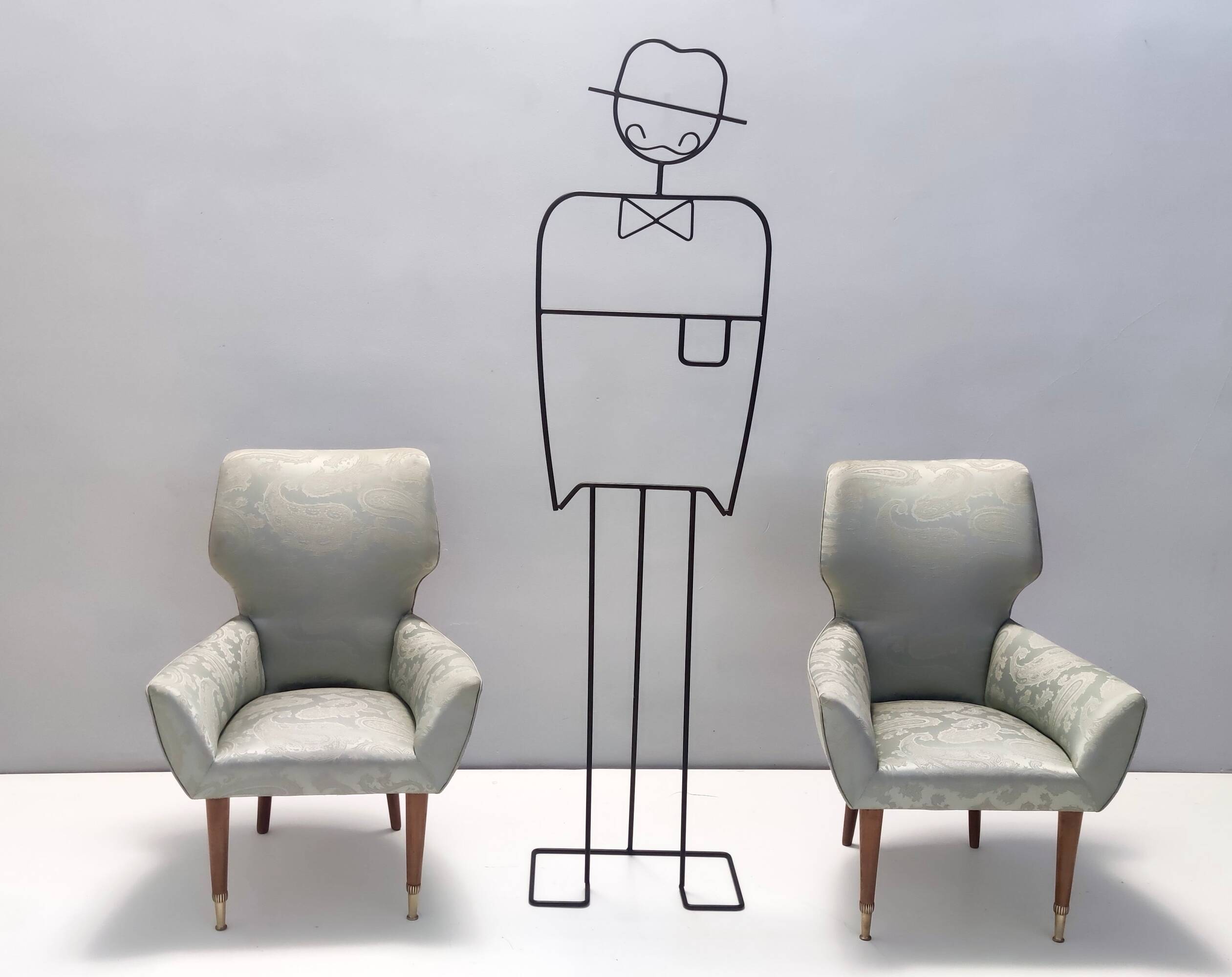 Pair of Grey Satin Lounge Chairs with Walnut Frame and Brass Feet Caps