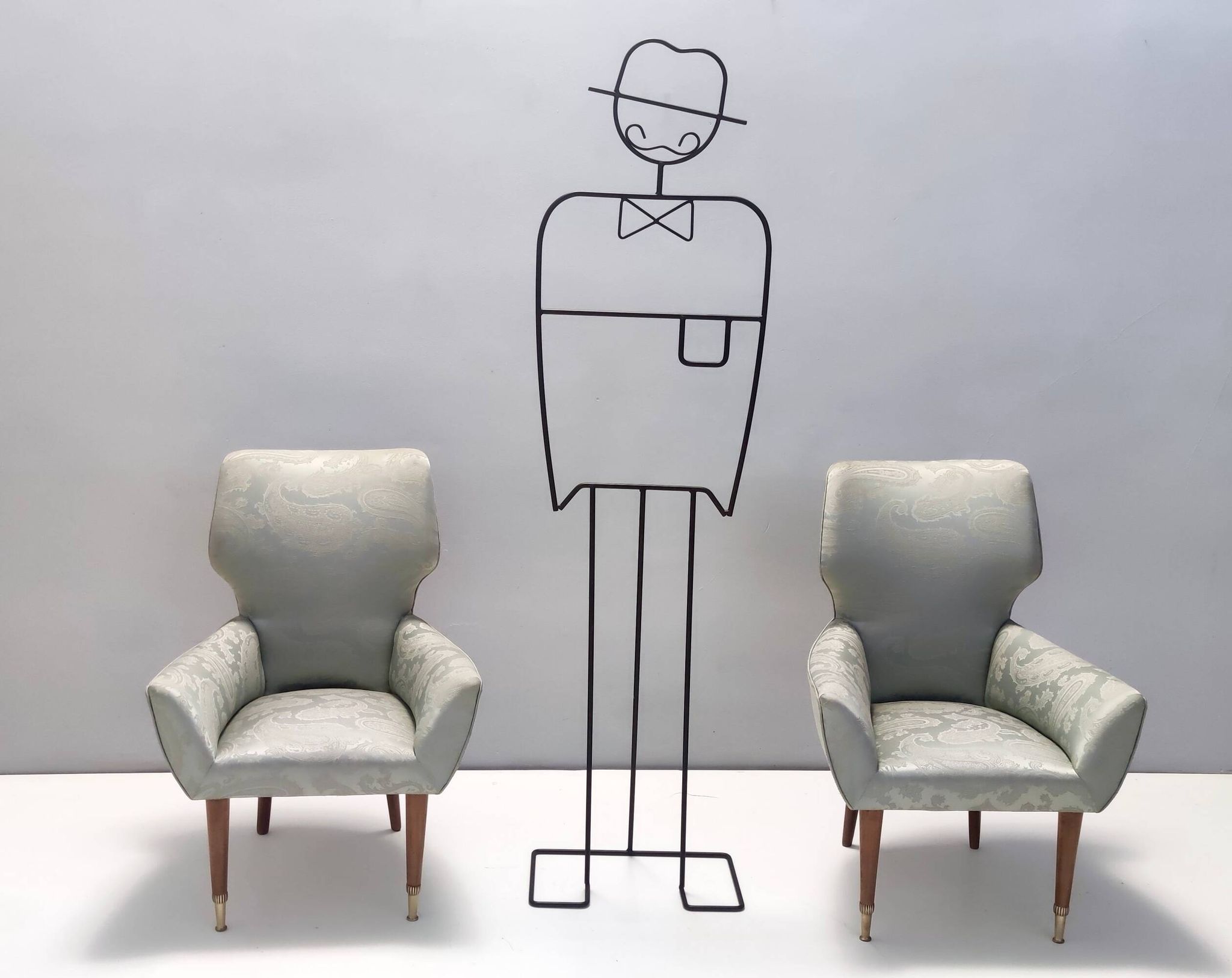 Pair of Grey Satin Lounge Chairs with Walnut Frame and Brass Feet Caps
