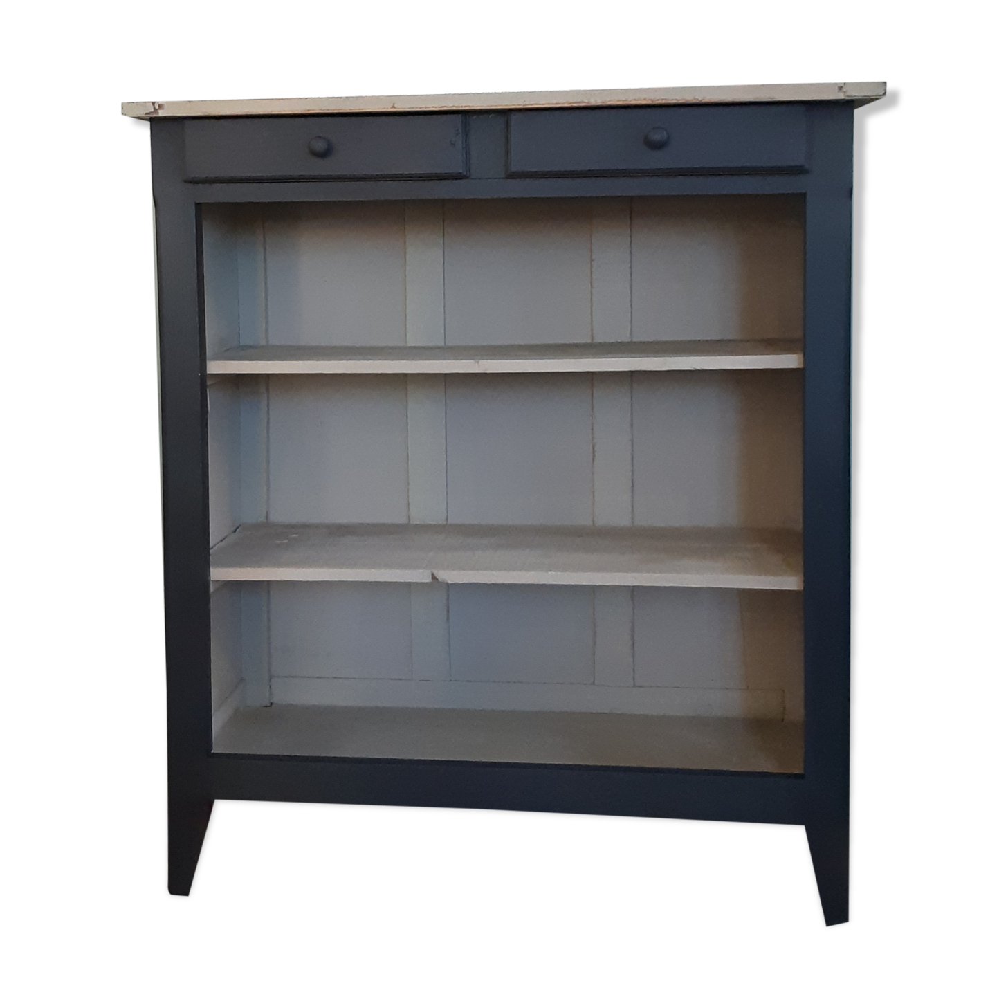 Buffet shelves open patinated black and linen