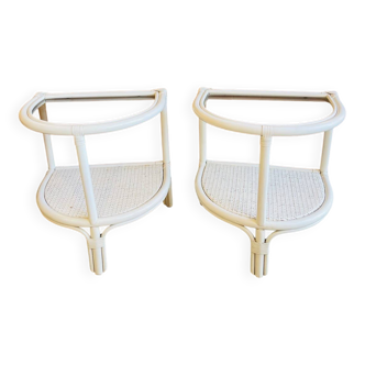 Pair of white rattan bedside tables – 70s-80s