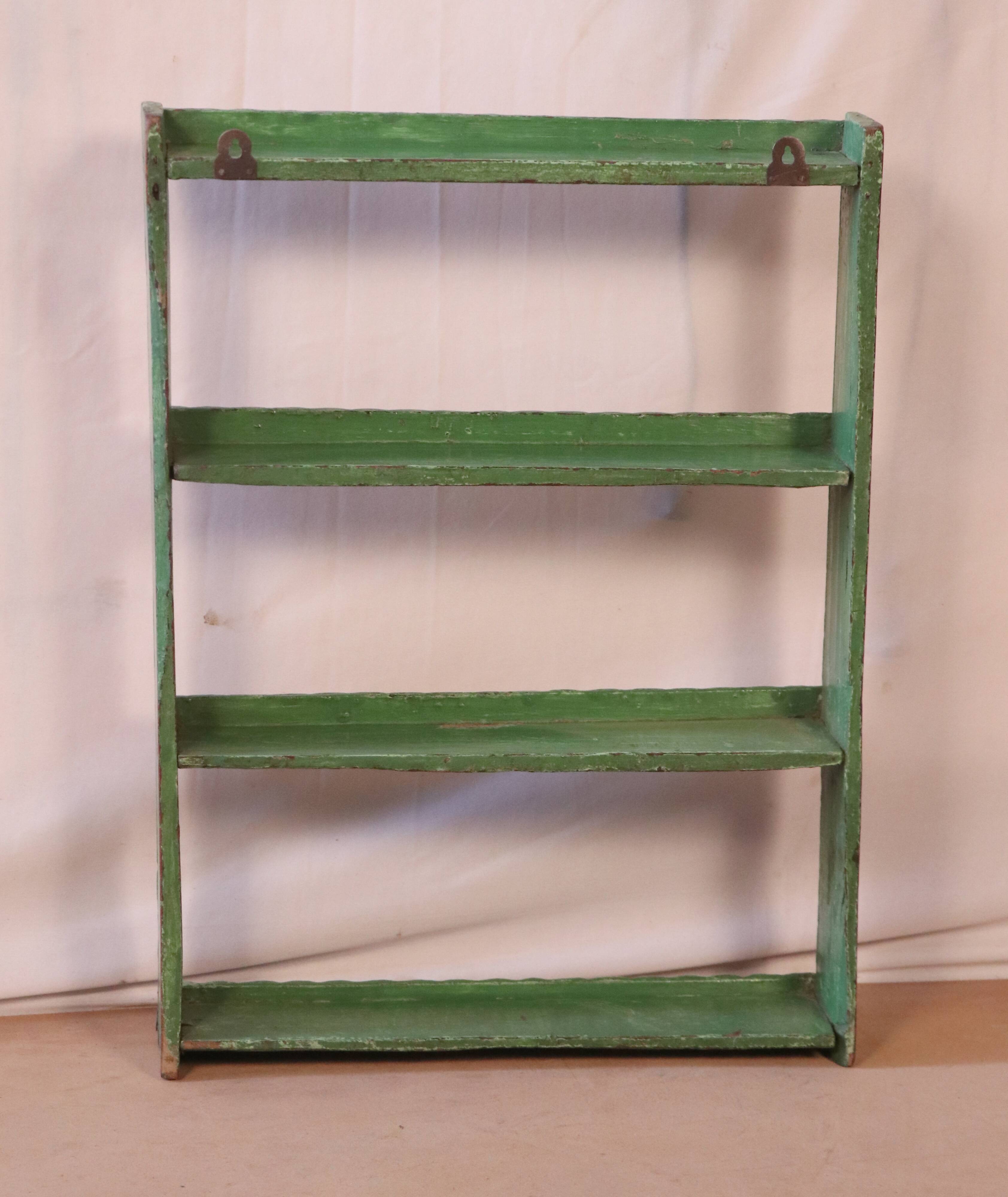 Old original Burmese teak wall shelf with green patina