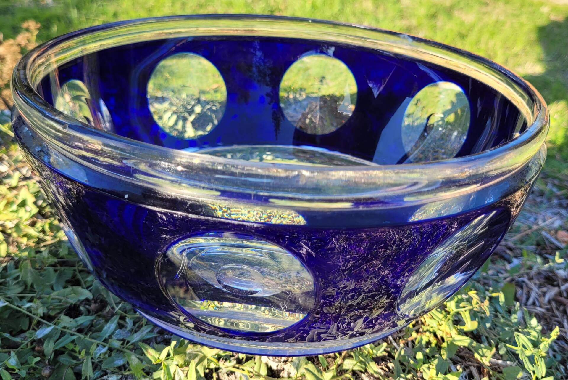 cobalt blue glass bowl with round lenses