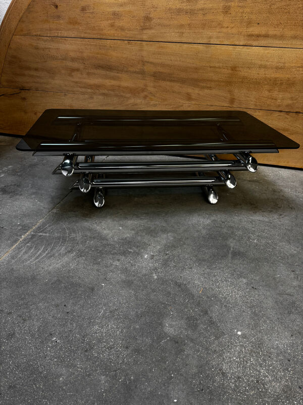 Table basse en verre fumé tubes métal chromé dans le goût Willy Rizzo