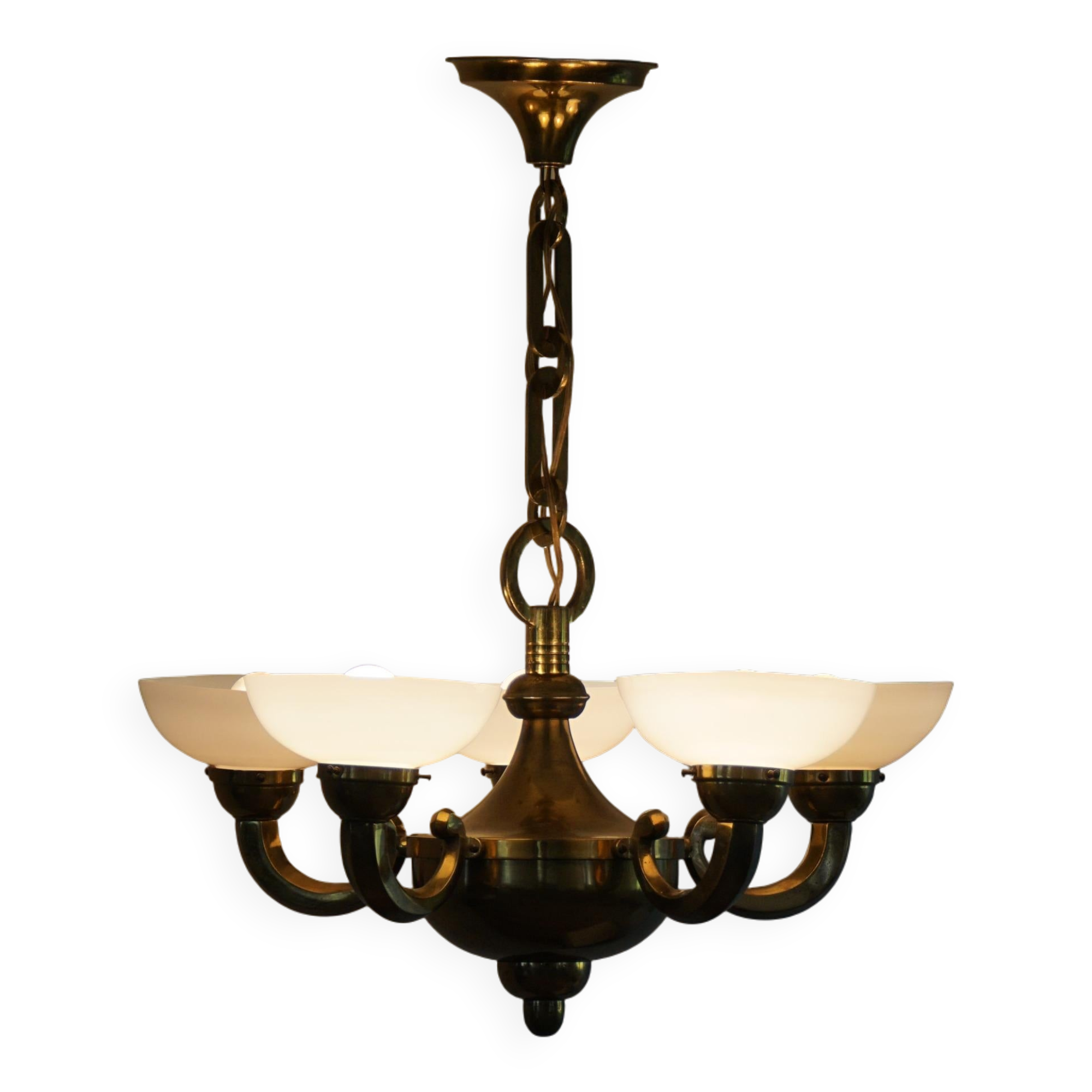 A modern Danish Art Deco chandelier, glass and brass, 1940s.