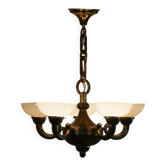A modern Danish Art Deco chandelier, glass and brass, 1940s.