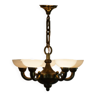 A modern Danish Art Deco chandelier, glass and brass, 1940s.