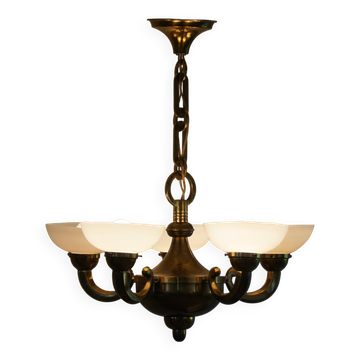 A modern Danish Art Deco chandelier, glass and brass, 1940s.