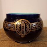 Cache-pot Sarreguemines ancien décor Empire bleu cobalt et or