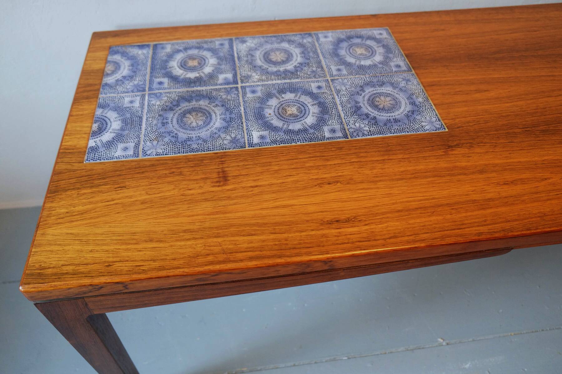 Rosewood coffee table with blue ceramic tiles, Denmark 1960s