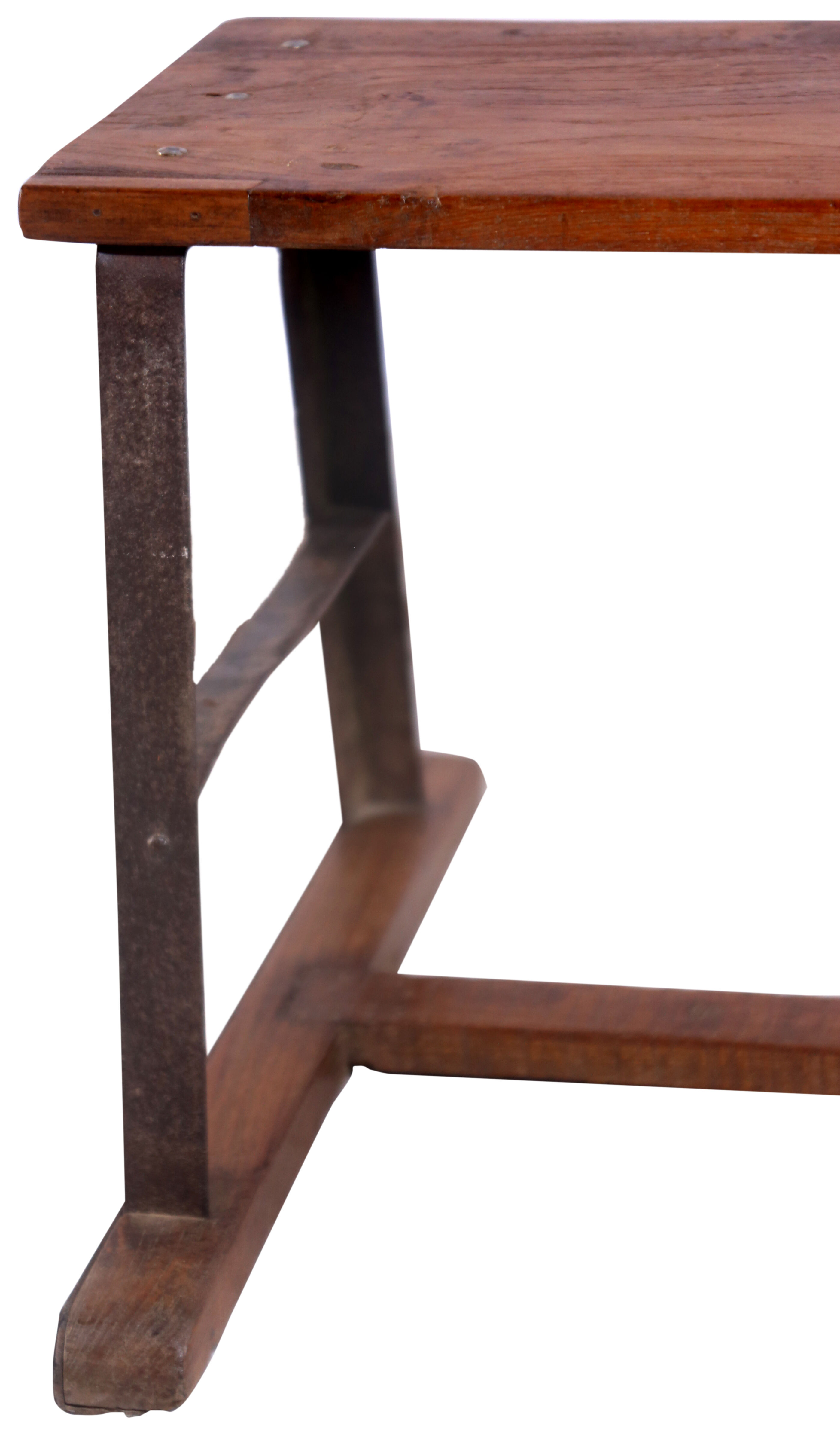 Ancient Burmese teak bench with metal base