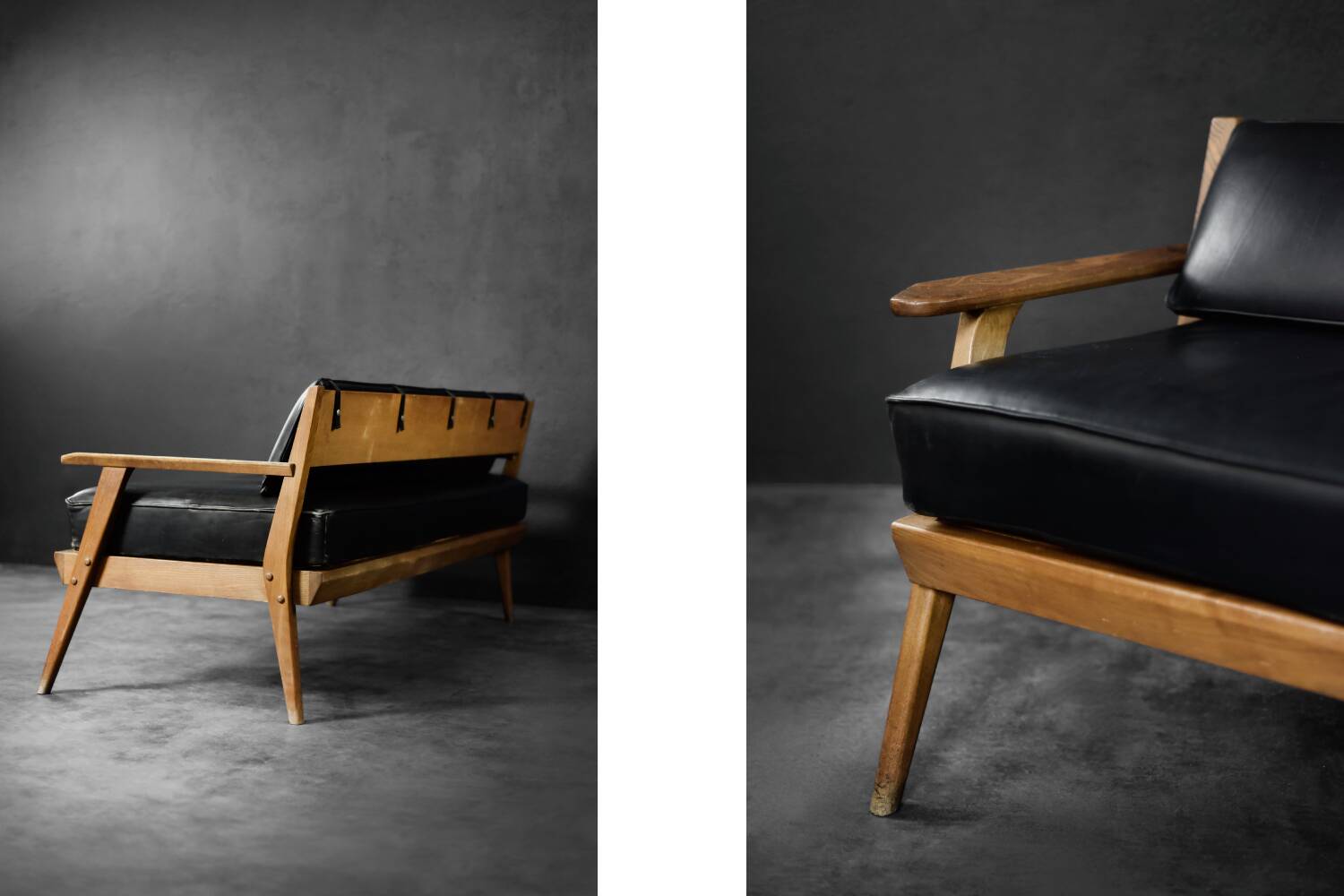 Vintage Mid-Century German Modern Oak & Black Leather Sofa, 1960s