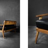 Vintage Mid-Century German Modern Oak & Black Leather Sofa, 1960s