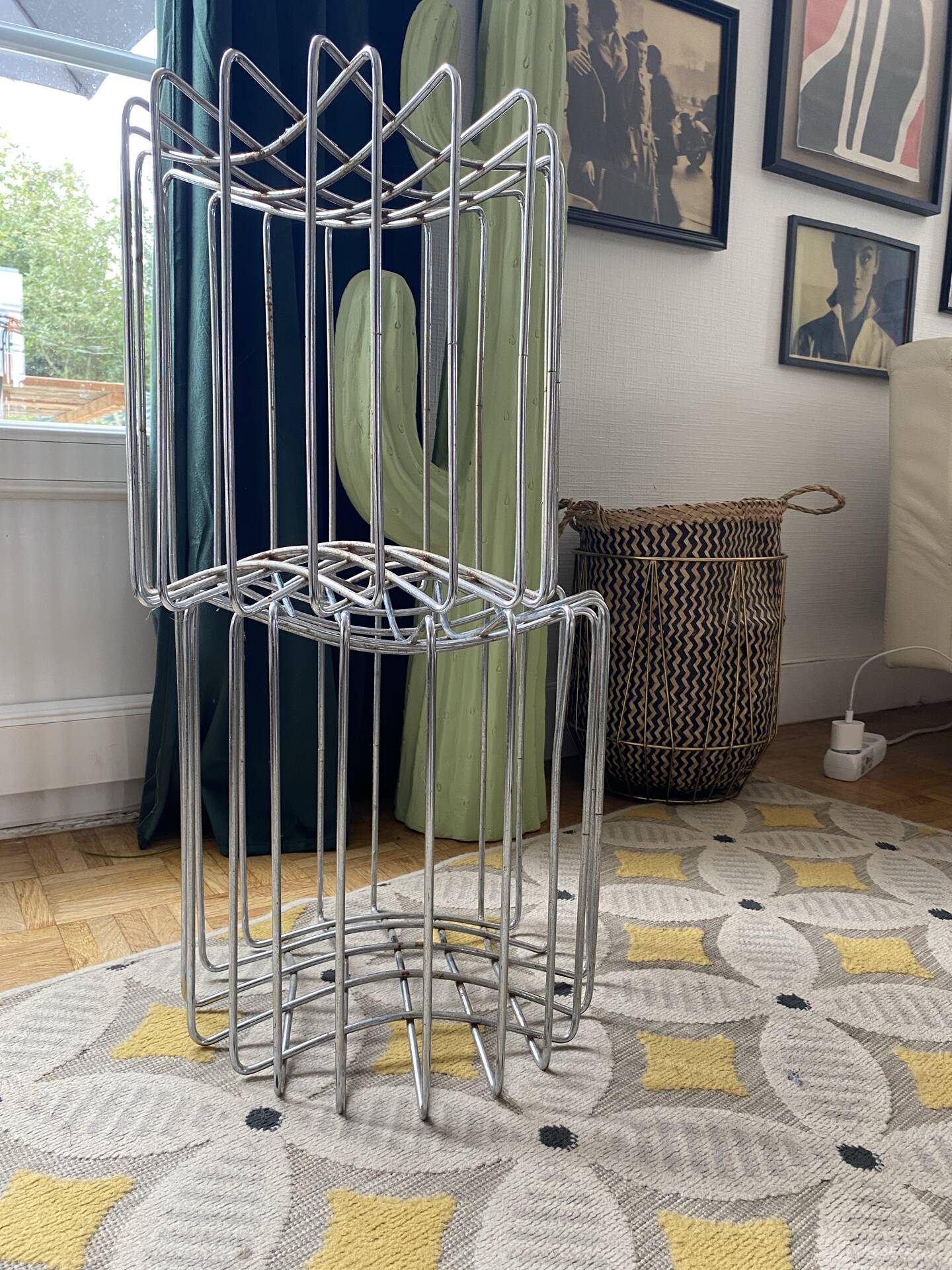 Set of 2 Vintage mid-century chrome wire poufs stools