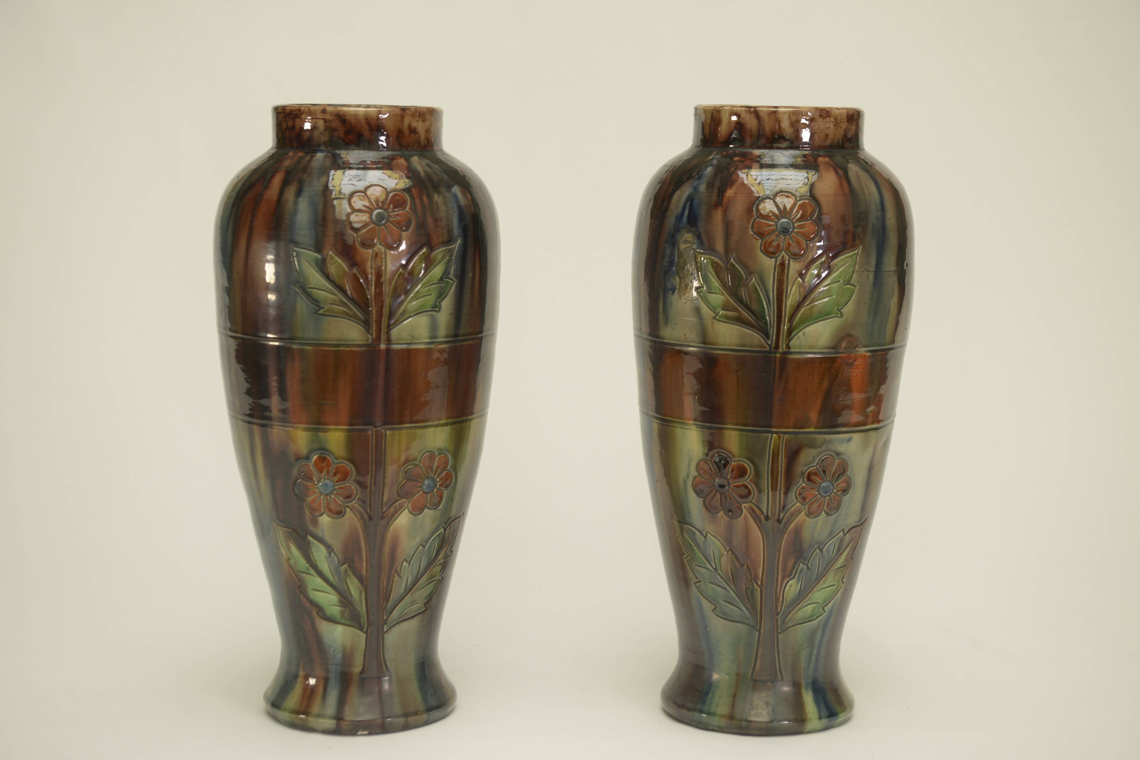 Pair of barbotine vases from the early 20th century stamped BELGIUM 158