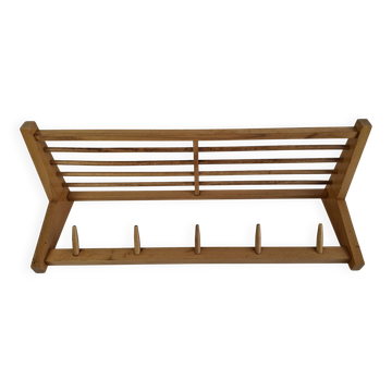 Uluv czechoslovakian mid-century wooden wall coat rack with shelf, 1970