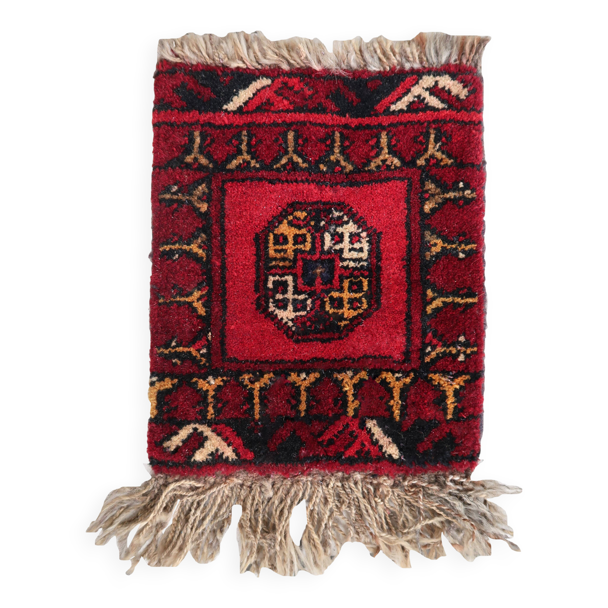 Tapis vintage fait main Ersari – 25 x 31 cm – Rouge éclatant - 1C969