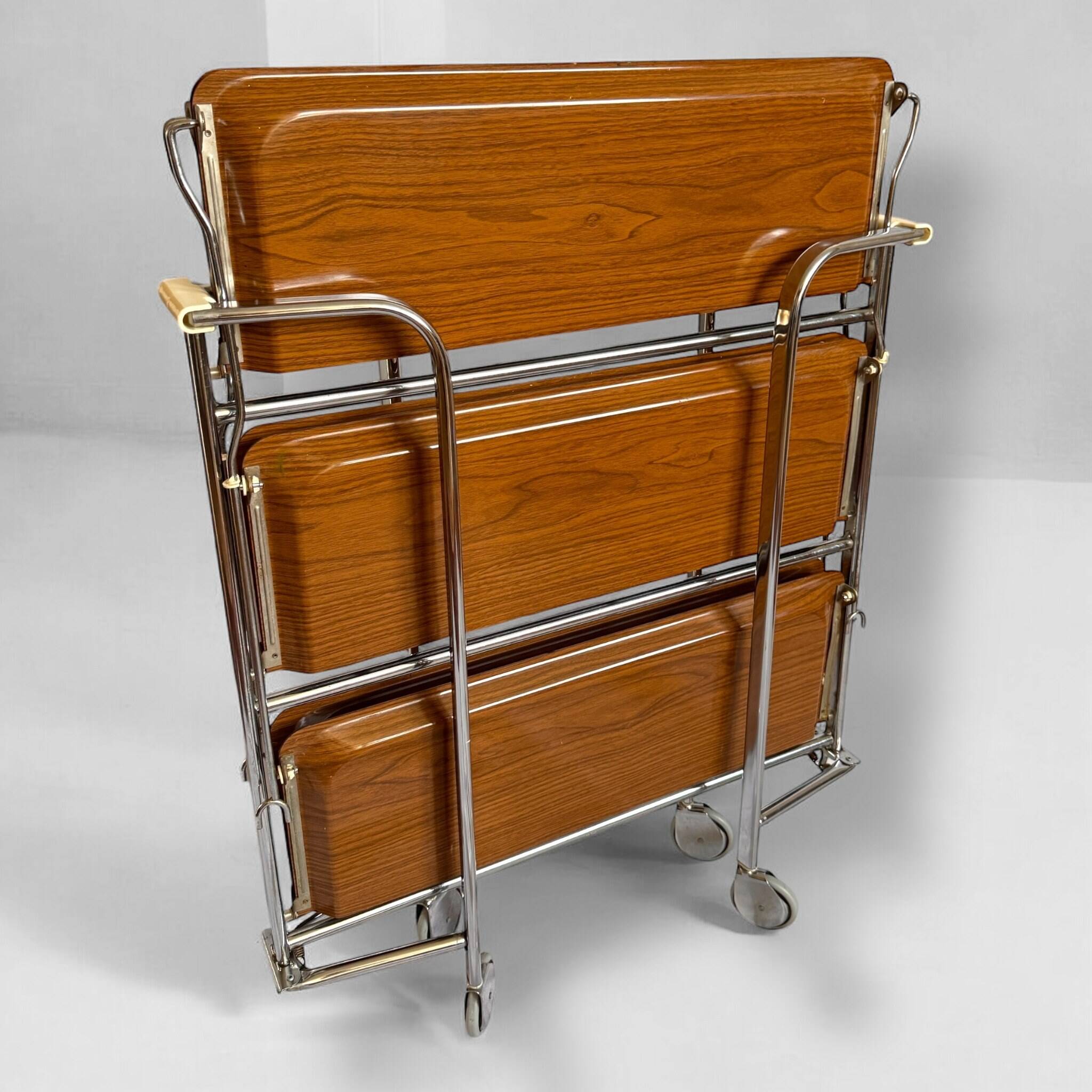 Bremshey Dinett Folding Trolley, Chrome & Teak, 1970s