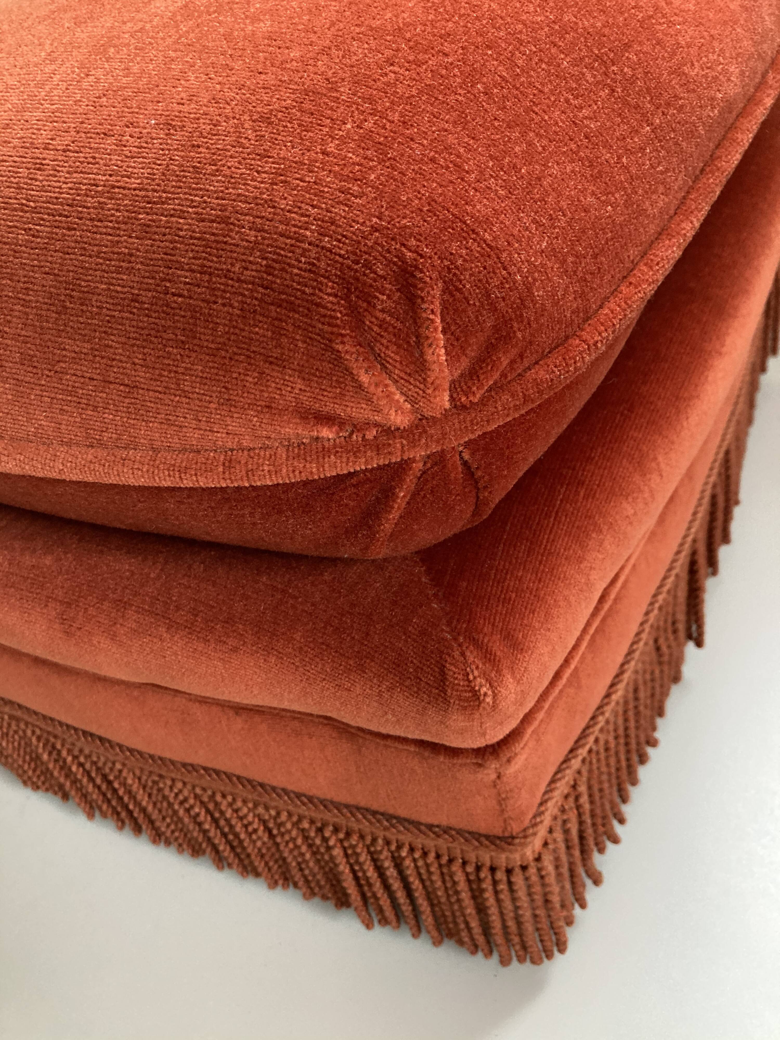 Vintage Jean Roche pouf in orange velvet with fringes