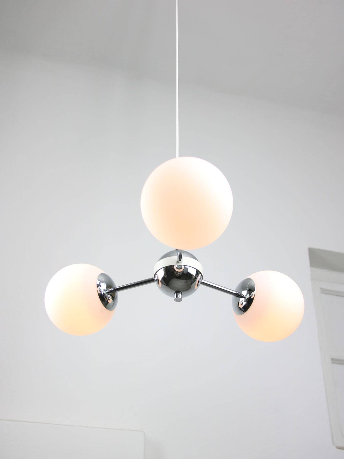 Vintage Italian Chrome and Opaline Sputnik Chandelier, 70s
