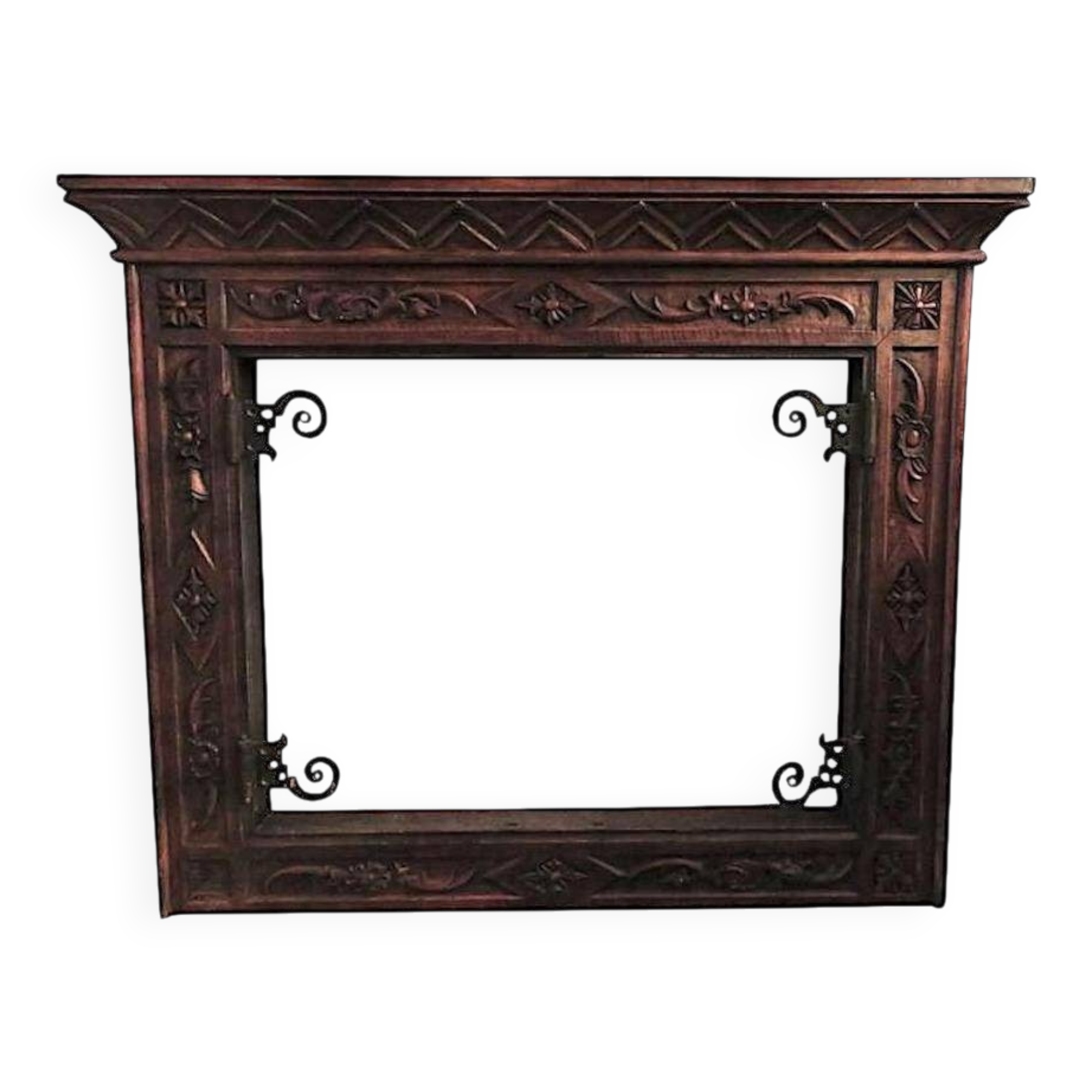 Art deco fireplace in carved solid teak and wrought iron, 1920