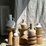 Handcrafted terracotta vase painted white with double handles h:40 d:30