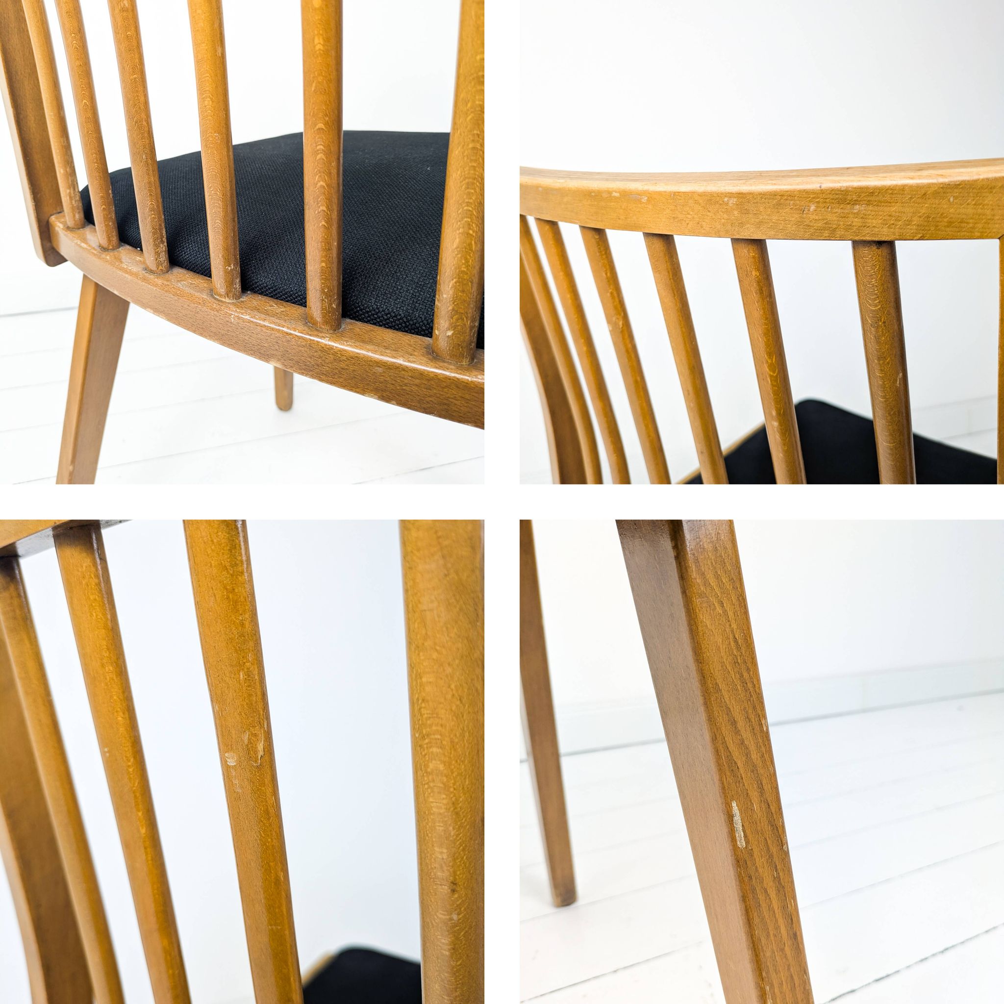 Chaise vintage Mid-Century à barreaux en bois massif avec assise à ressorts