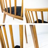 Chaise vintage Mid-Century à barreaux en bois massif avec assise à ressorts