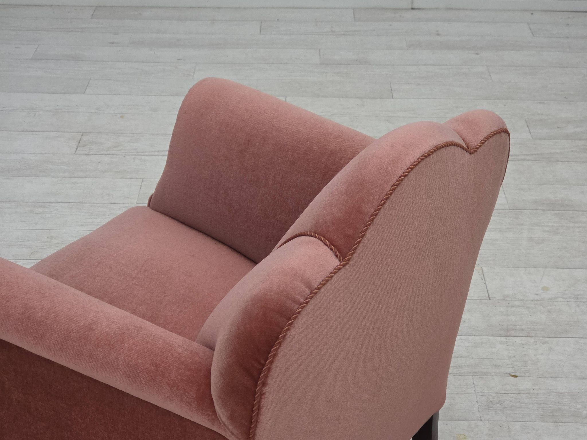 1950s, Danish armchair, salmon pink furniture velour, oak wood.