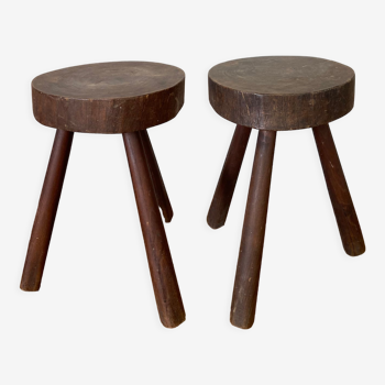 Pair of brutalist stool in solid oak 60s