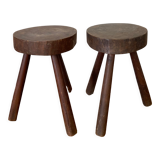 Pair of brutalist stool in solid oak 60s