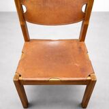Set of 4 chairs from the 1960s in elm and patinated leather.