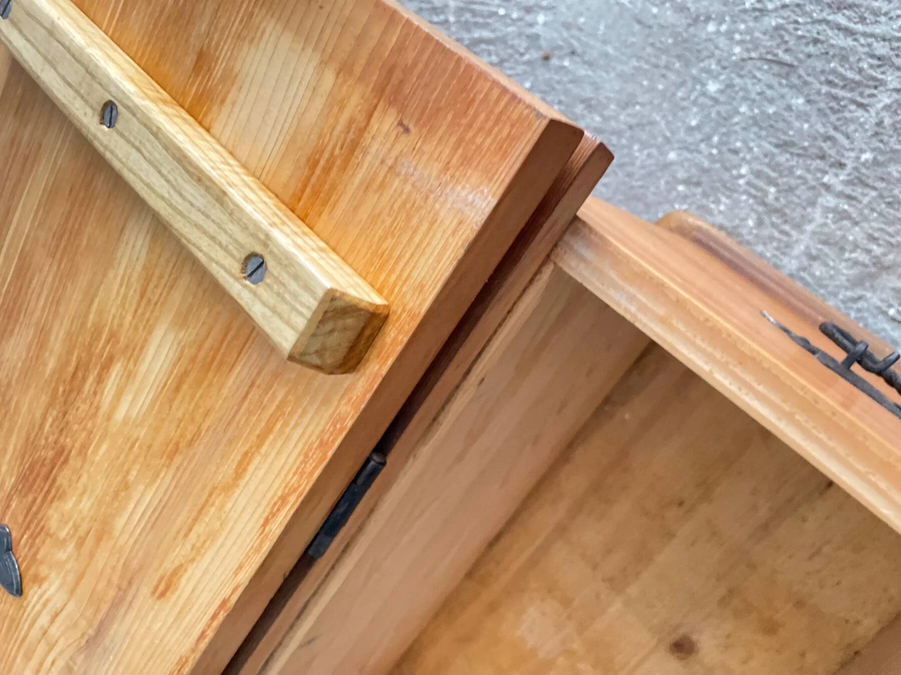 Swiss solid pine chest with wrought iron fittings, mid-20th century.