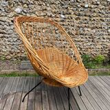Vintage rattan armchair 50-60 black metal legs