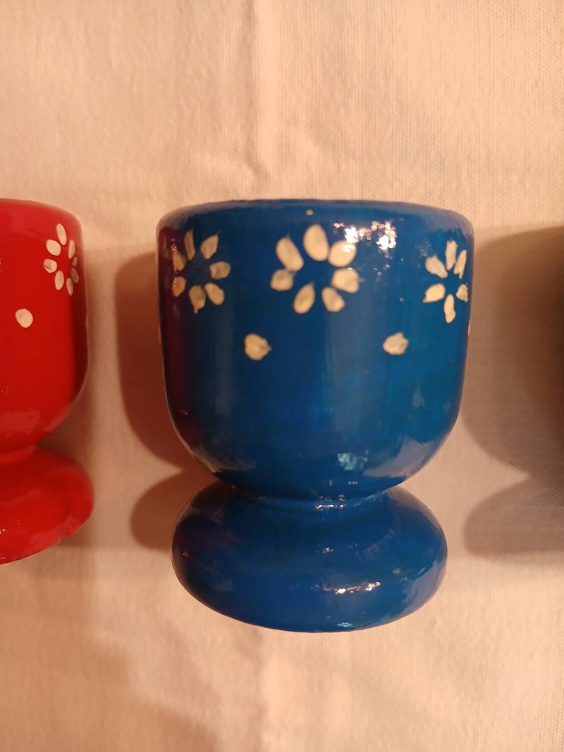 3 old wooden egg cups